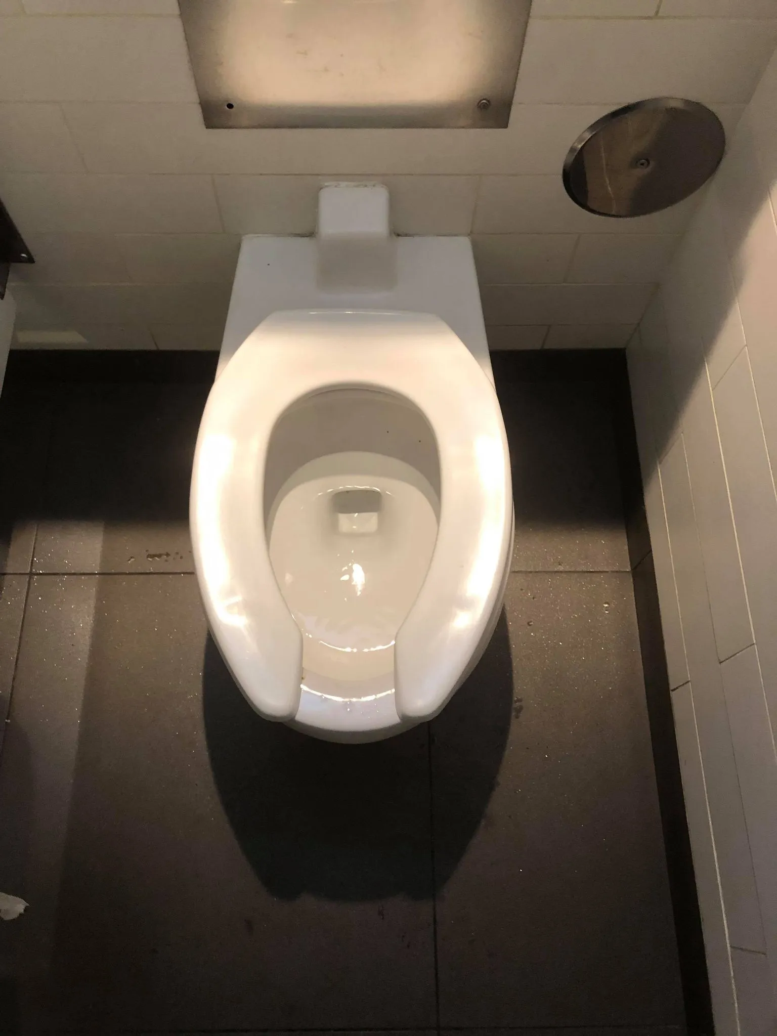 A wall-mounted toilet in a mall washroom stall