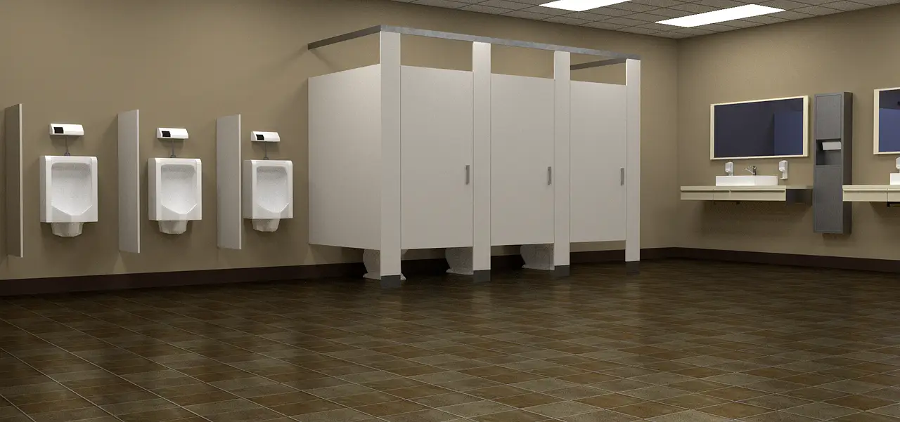 A row of stalls in a public washroom