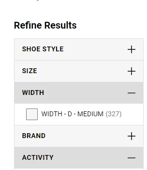 Foot Locker search filters offering a single width option